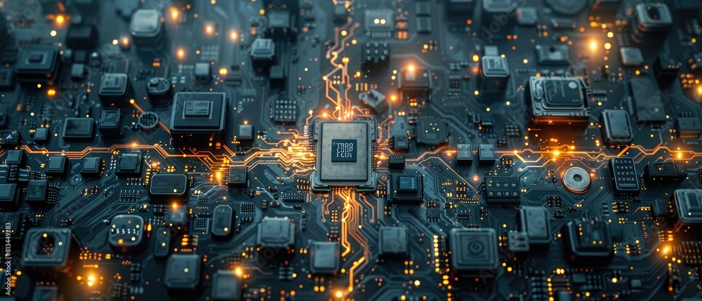 Poster the image is of a computer chip with orange glowing lights. it could be used to illustrate an articl