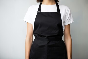 a women wearing a black apron on white background. close up plain black apron mockup