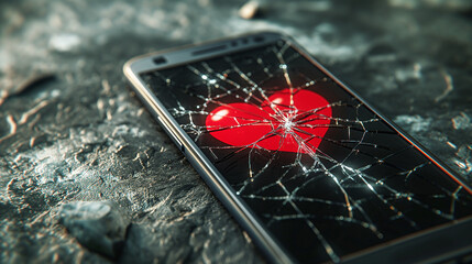 kaputtes Smartphone mit Display Glasschaden Herz im Display zerbrochen Traurigkeit und Emotionen symbolisch zeigen Generative AI