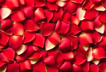 A close-up of a pile of red rose petals with a blurred background