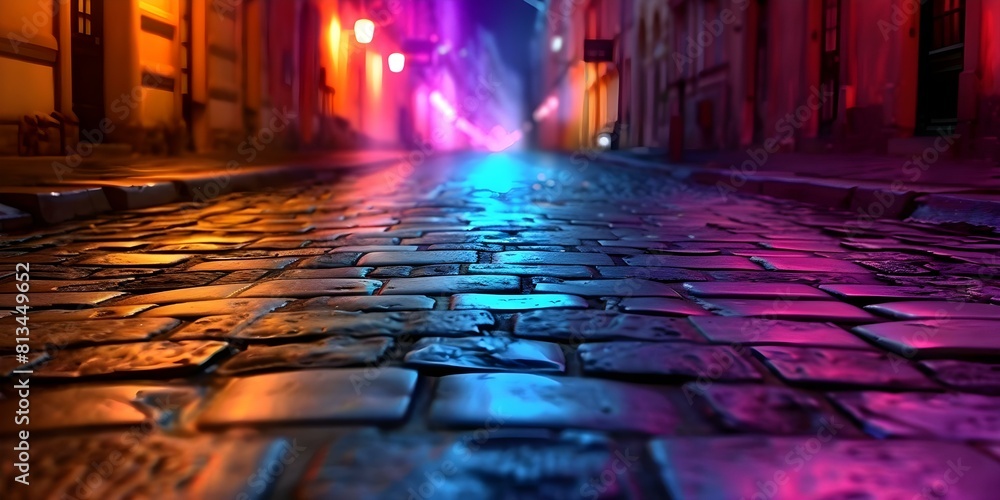 Poster looping k virtual animation of a vibrant cobblestone street in close-up focus. concept animation, vi