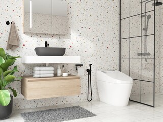 Modern, luxury bathroom with vanity counter, black washbasin, mirror cabinet, partition to shower...