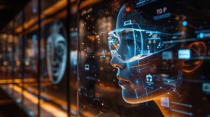 Obraz premium The image shows a holographic image of a person wearing virtual reality glasses. The person is surrounded by a glowing blue light.