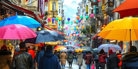 Fototapeta premium Busy City Street Scene with Pedestrians Carrying Umbrellas on Overcast Day. Concept Cityscape, Urban Life, Pedestrians, Rainy Day, Street Scene