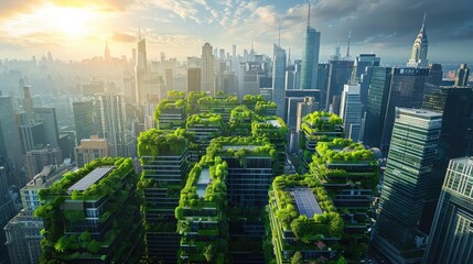The image shows a beautiful green city with lush vegetation and skyscrapers covered in plants, creating a sustainable and eco-friendly urban environment.