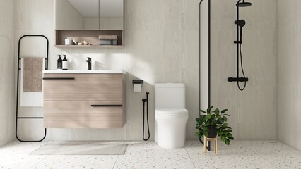 Modern, luxury bathroom with brown vanity counter, washbasin, mirror cabinet, partition to shower...