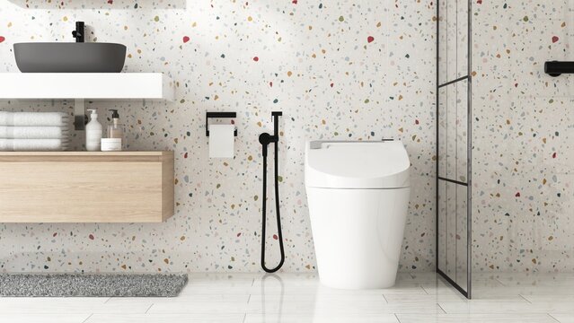 Modern, luxury bathroom with vanity counter, black washbasin, cabinet, partition to shower in sunlight on colorful white terrazzo wall for interior design, toiletries product background 3D