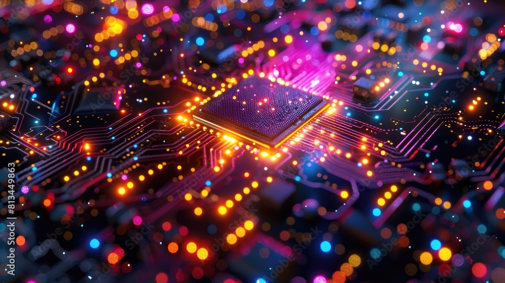 Poster the image shows a close-up of a computer chip with glowing lights.