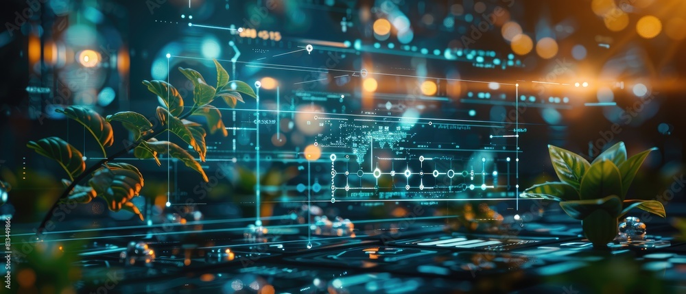 Poster close-up of a circuit board with green and blue lights. the circuit board is in focus, while the bac