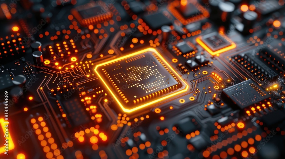 Poster a close-up of a computer chip with glowing orange lines.