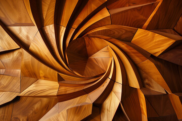 Swirling Wooden Sculpture: Dynamic Geometric Patterns in Art Installation