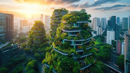 The image shows a futuristic city with green buildings and lush vegetation, illustrating a sustainable and eco-friendly urban environment.