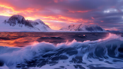 a colorful sunset over sea with snow covered mountains in the background
