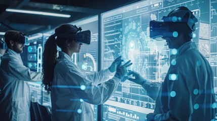 a group of scientists wearing virtual reality headsets and working on a project.