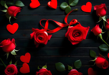 A heart made out of red roses and a ribbon on a black wooden background