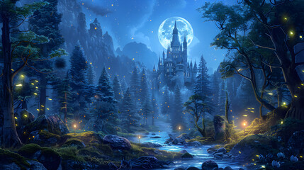 Whispers of Enchantment: An Ethereal Scene of Medieval Fantasy Forest Under Moonlight