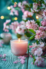 A candle is lit in a glass on a wooden table. The table is surrounded by pink flowers. The candle and flowers create a warm and inviting atmosphere