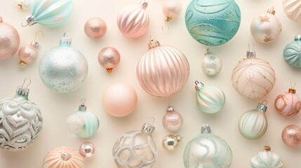 Festive Ornaments:  a background adorned with festive ornaments in shades of pastel pink, mint...