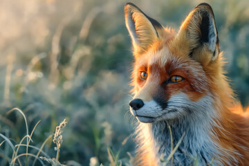 A fox is standing in a field of grass. The fox is looking at the camera with its eyes wide open. The grass is tall and the sky is blue - Powered by Adobe