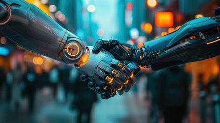 Futuristic Robot Hand in Neon Cityscape