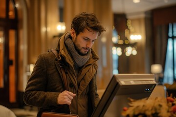 Man Checking in at Hotel Lobby Kiosk