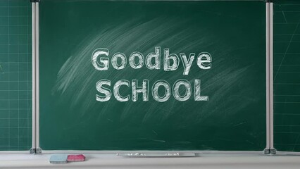 Chalk-written Goodbye SCHOOL on a classic green chalkboard, signaling the end of an academic year.