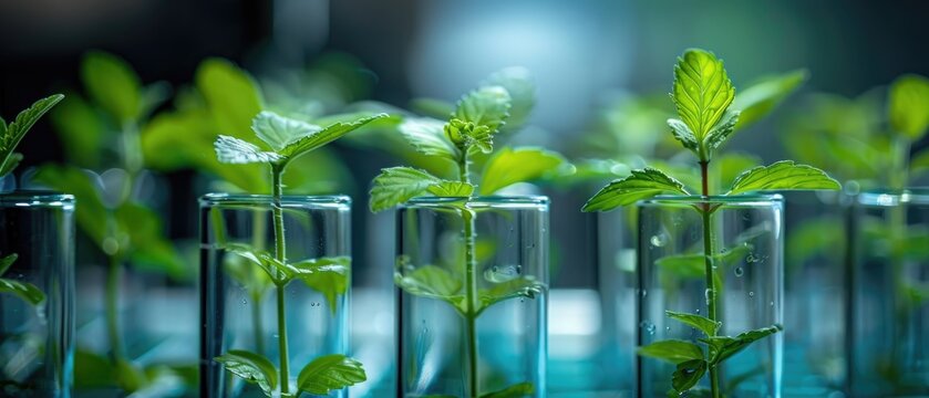 the process of plant tissue culture. The small green shoots are growing in test tubes filled with a liquid gel.
