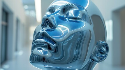 Reflective Blue Sculpture in Modern Gallery