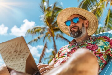 Young man in comfortable casual attire deeply engaged in freelance work on his laptop at the beach