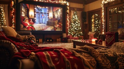 Holiday Movie Night:  a cozy living room transformed into a cinematic haven for a holiday movie...