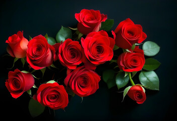 A bouquet of red roses on a dark wooden surface