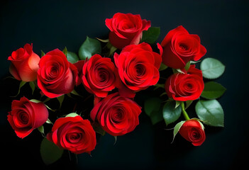 Obraz premium A bouquet of red roses on a dark wooden surface