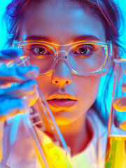Fototapeta premium Woman scientist in laboratory holding test tubes and beakers. Chemical research. Scientist conducts an experiment in the laboratory. Image in vivid colors. 