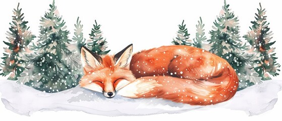 Naklejka premium A cute watercolor of a fox curled up in a snowy den, surrounded by pine trees covered in snow, Clipart isolated on white