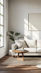 A Vertical Image Of A Spacious Living Room With An Airy Window View.