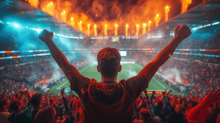 Soccer Fan Cheering in Stadium with Fireworks