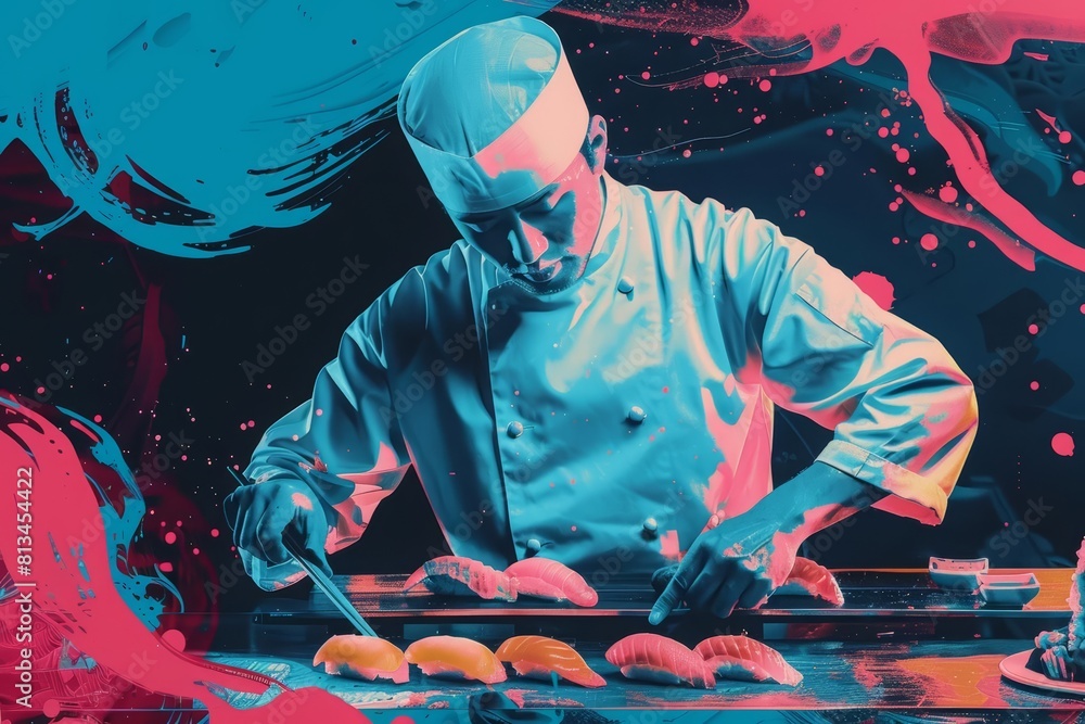 Poster creative futuristic design pop art color of a sushi chef in tokyo, highlighted with cyber colors and