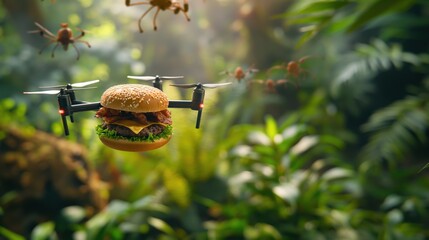 Drone Delivering Burger in Forest
