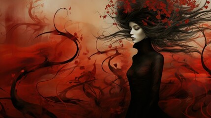 Abstract gothic autumn. Pretty pale woman in black dress with red leaves in her flying long hair on windy red and black background.