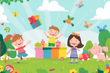 Happy children's day with toys background poster with happy kids vector illustration.