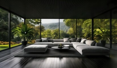 A modern living room with a black couch and a coffee table and nature background