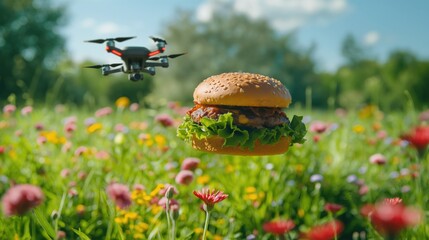 Drone Delivering Burger in Flower Field