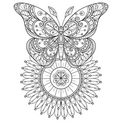 Sun flower and butterfly hand drawn for adult coloring book