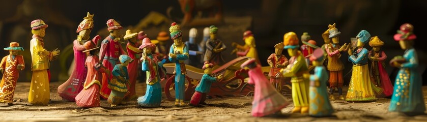 A group of colorful painted wooden figures gather around a miniature New Years Day parade float, bringing a festive spirit to a smallscale celebration