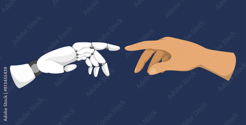 Wall mural robotic and human hands vector isolated. fingers pointing at each other. concept of future technolog