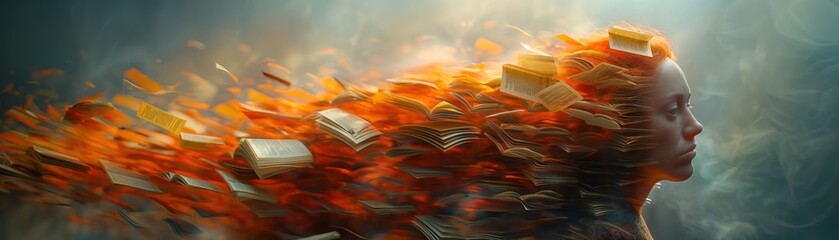 Fantasy Woman with Books in Flames