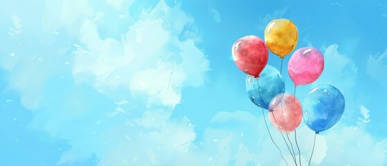 A kawaii watercolor of a group of festive balloons floating against a clear blue sky, Clipart isolated on white