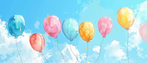 Fototapeta premium A kawaii watercolor of a group of festive balloons floating against a clear blue sky, Clipart isolated on white