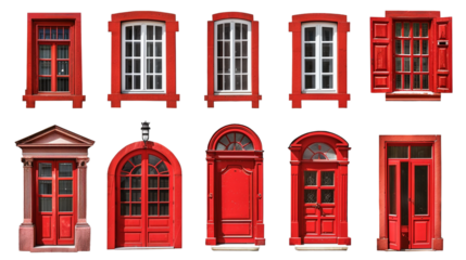 A set of red windows and door on a transparent background, PNG old doors and windows, Cutout of windows and doors
