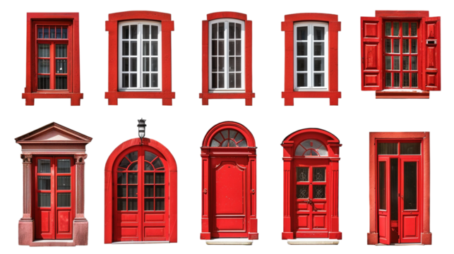 A set of red windows and door on a transparent background, PNG old doors and windows, Cutout of windows and doors